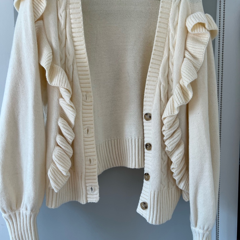 ELOQUII Cream Ruffled Women's Cardigan Sweater